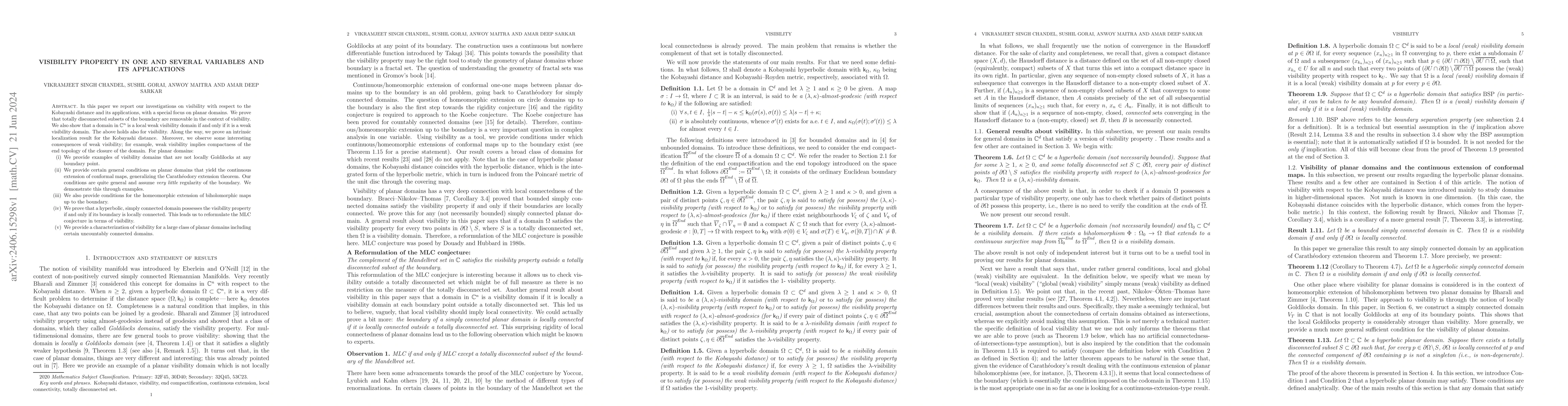 Thumbnail for Visibility property in one and several variables and its applications