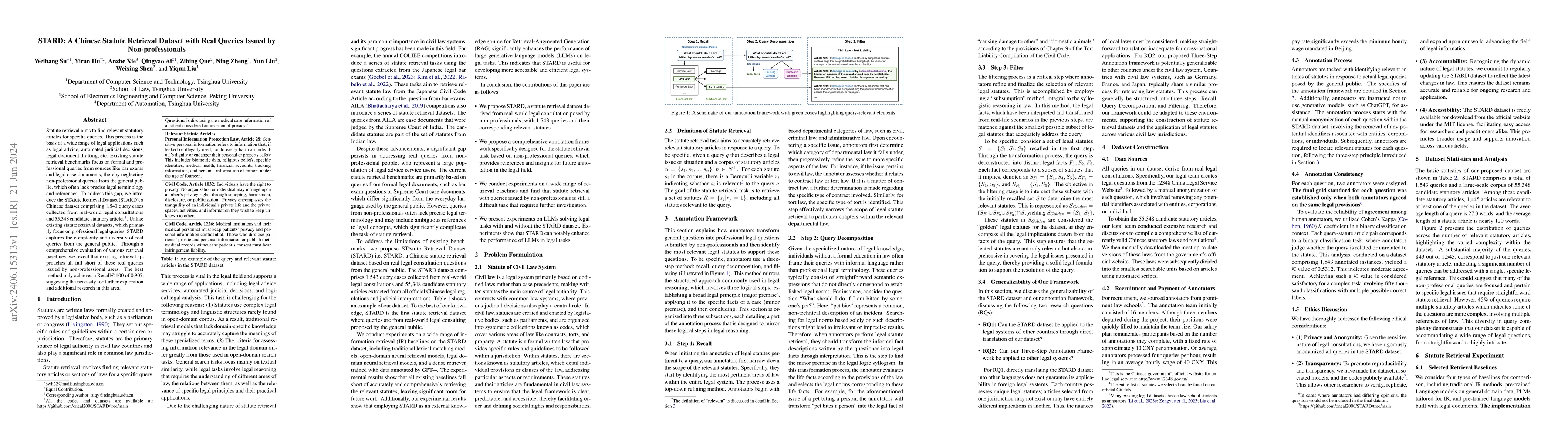 Thumbnail for STARD: A Chinese Statute Retrieval Dataset with Real Queries Issued by
  Non-professionals