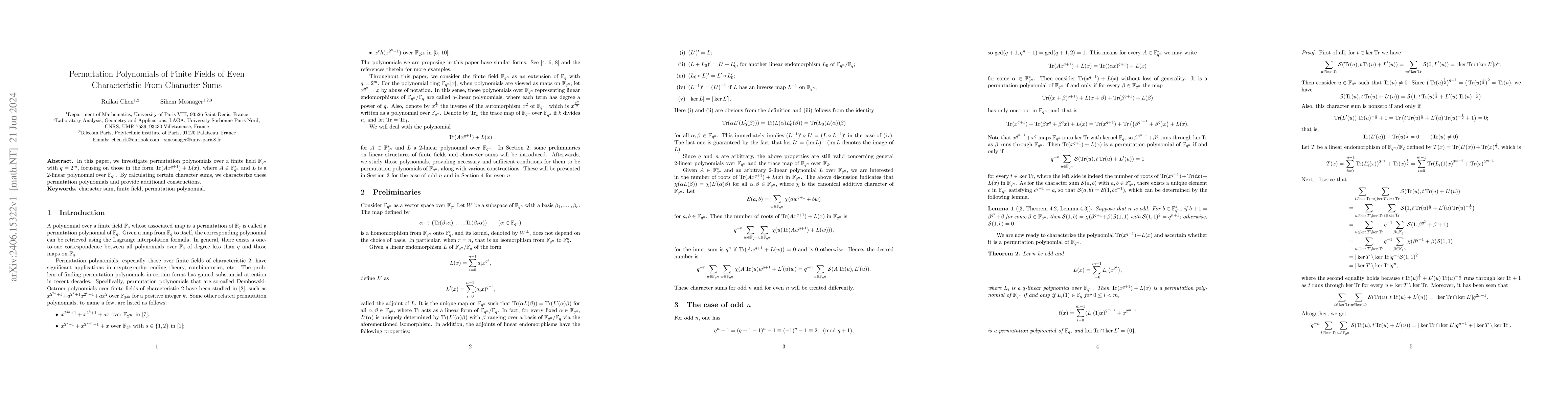 Thumbnail for Permutation Polynomials of Finite Fields of Even Characteristic From
  Character Sums