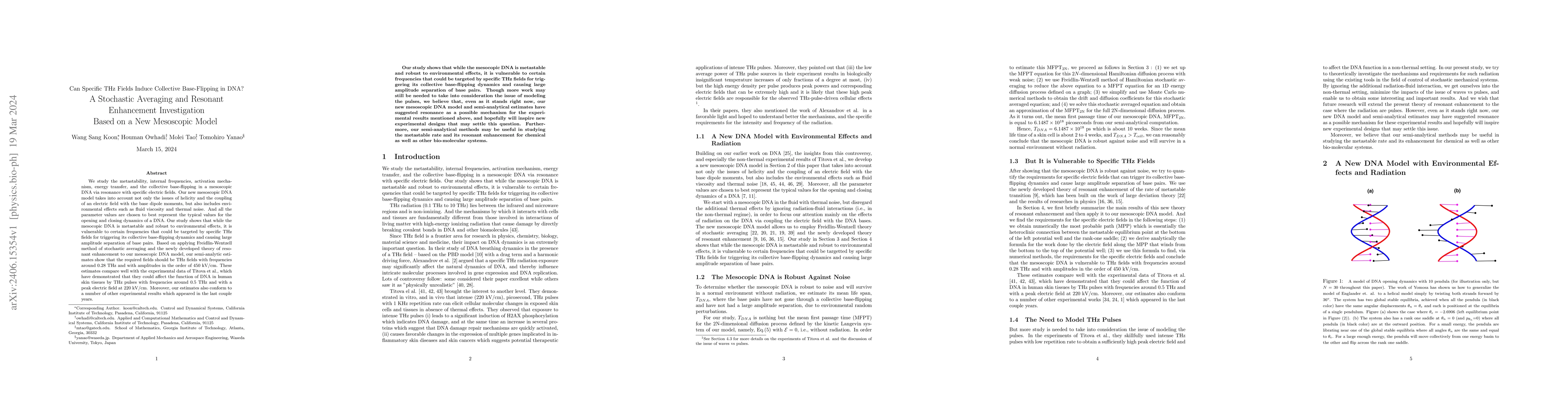 Thumbnail for Can Specific THz Fields Induce Collective Base-Flipping in DNA? A
  Stochastic Averaging and Resonant Enhancement Investigation Based on a New
  Mesoscopic Model