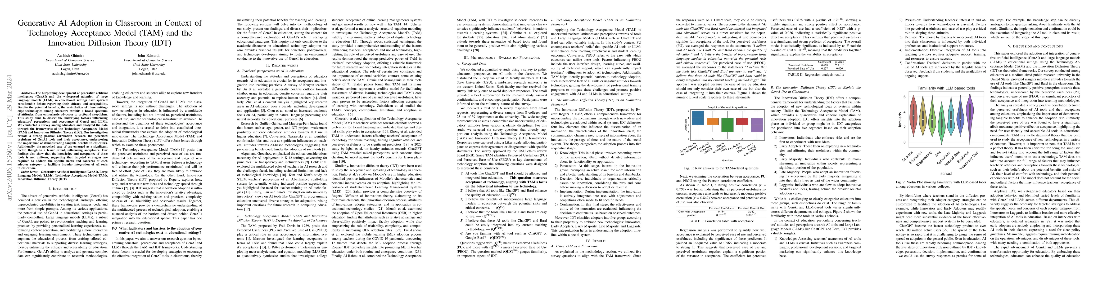Thumbnail for Generative AI Adoption in Classroom in Context of Technology Acceptance
  Model (TAM) and the Innovation Diffusion Theory (IDT)