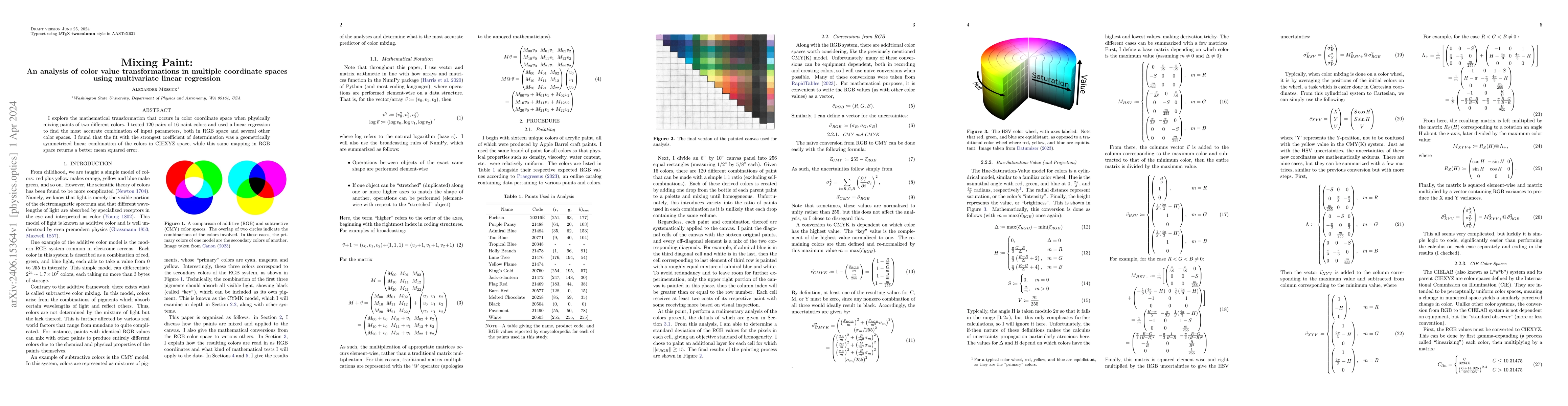 Thumbnail for Mixing Paint: An analysis of color value transformations in multiple
  coordinate spaces using multivariate linear regression