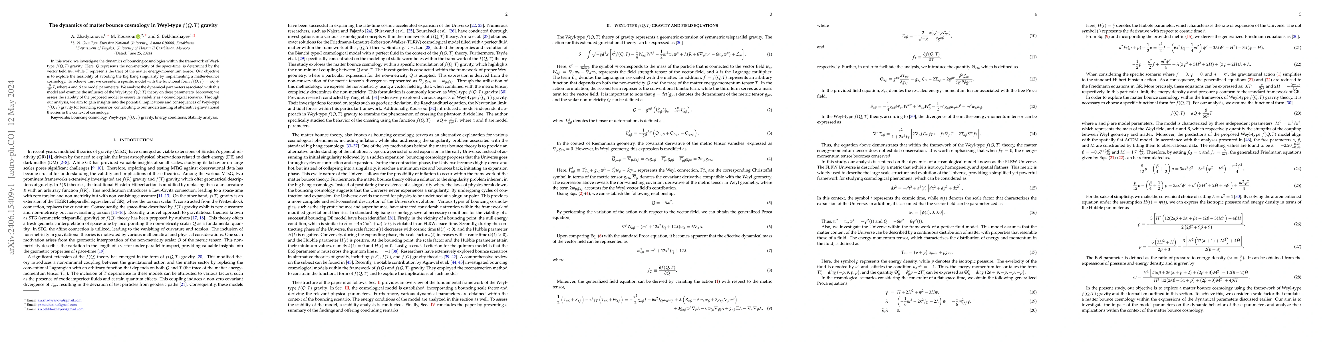 Thumbnail for The dynamics of matter bounce cosmology in Weyl-type $f(Q,T)$ gravity