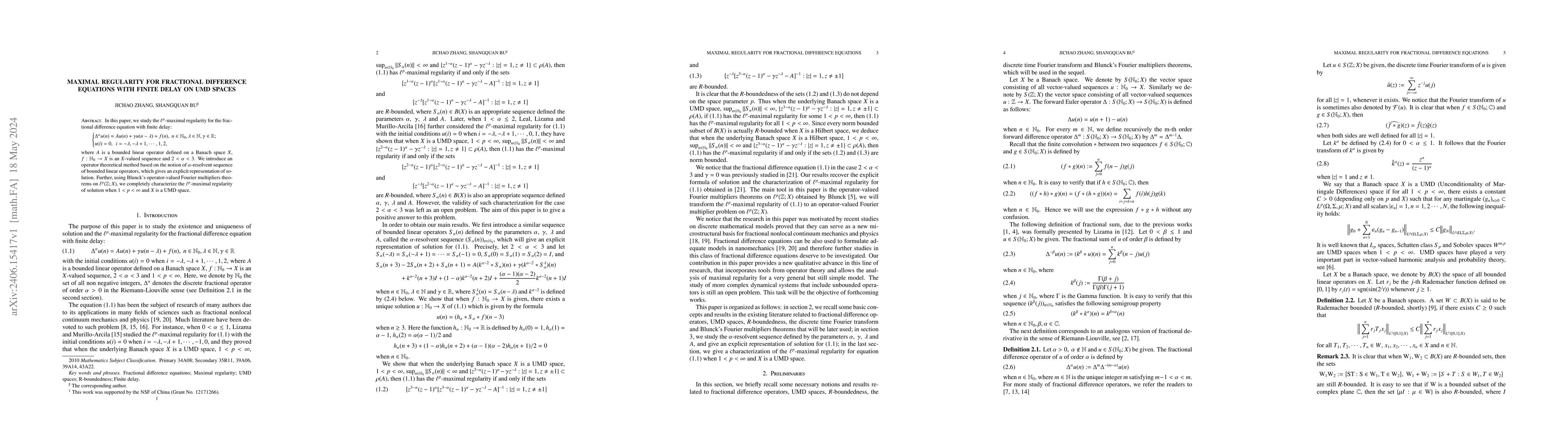 Thumbnail for Maximal regularity for fractional difference equations with finite delay
  on UMD space