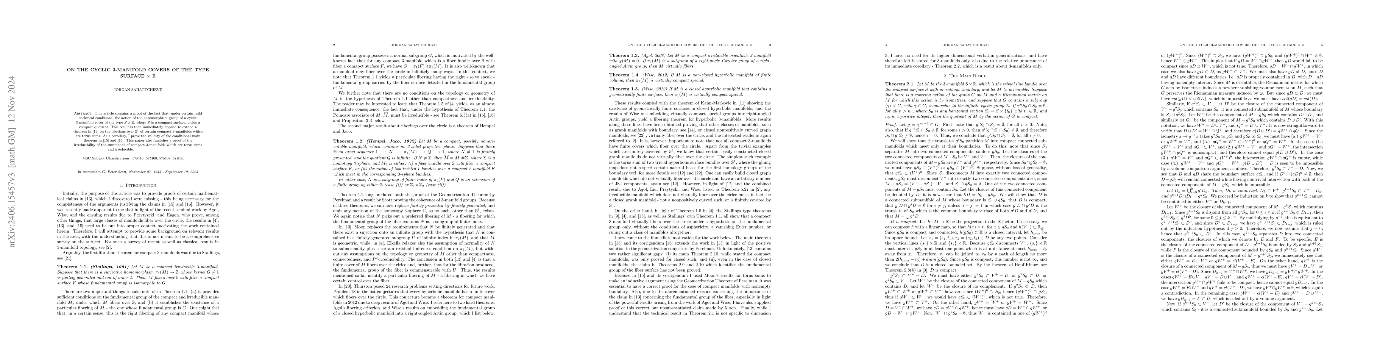 Thumbnail for On the cyclic 3-manifold covers of the type surface x R