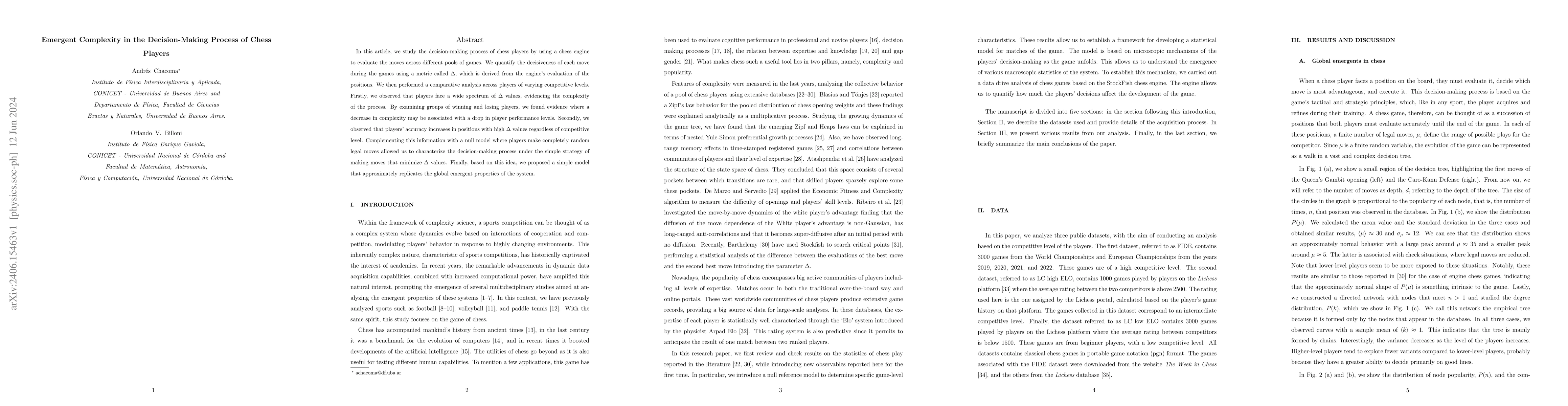 Thumbnail for Emergent Complexity in the Decision-Making Process of Chess Players