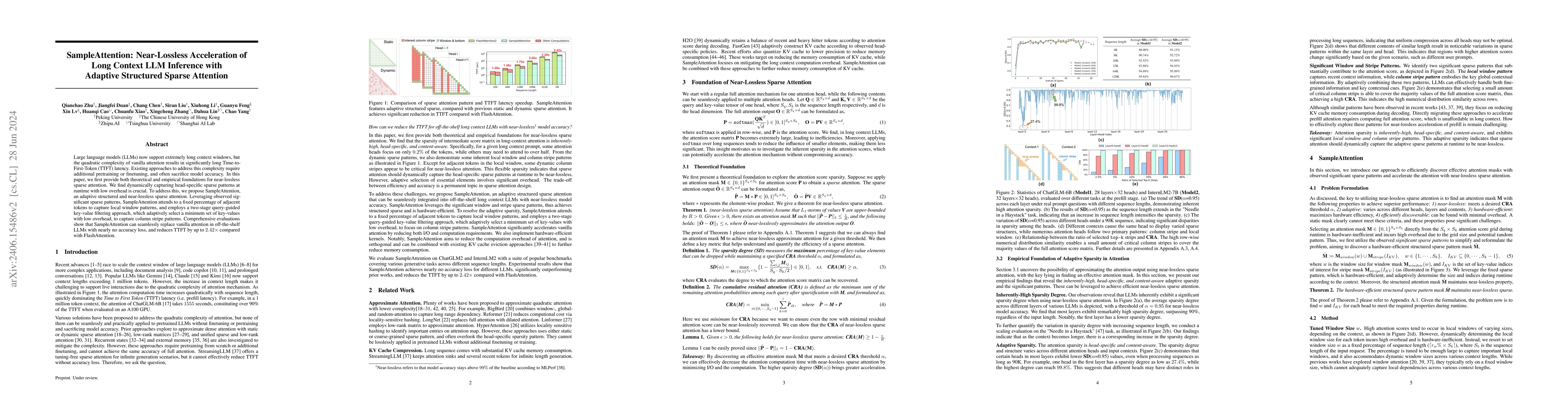 Thumbnail for SampleAttention: Near-Lossless Acceleration of Long Context LLM
  Inference with Adaptive Structured Sparse Attention