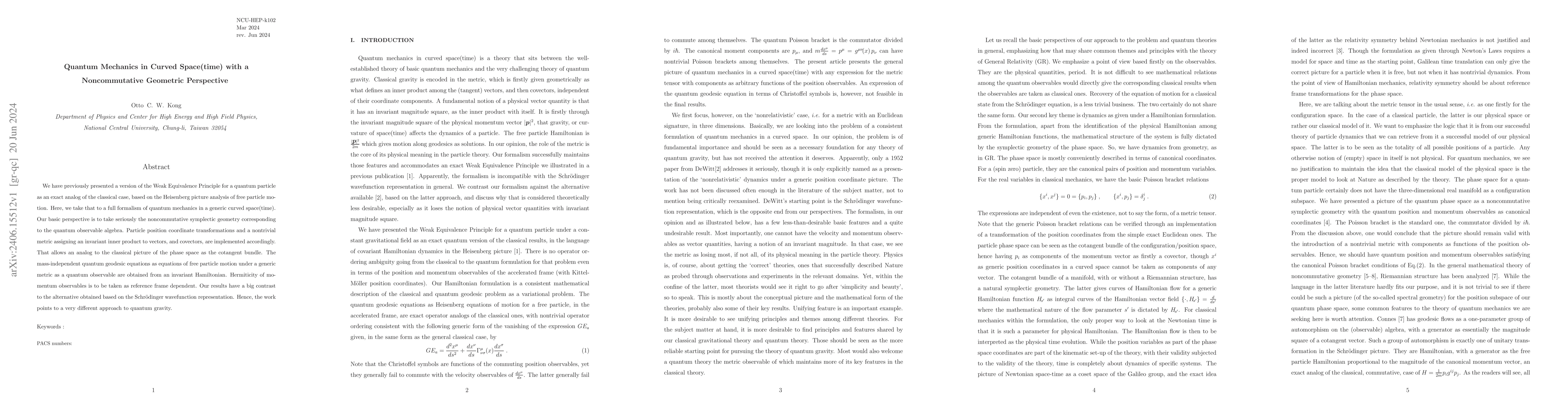 Thumbnail for Quantum Mechanics in Curved Space(time) with a Noncommutative Geometric
  Perspective