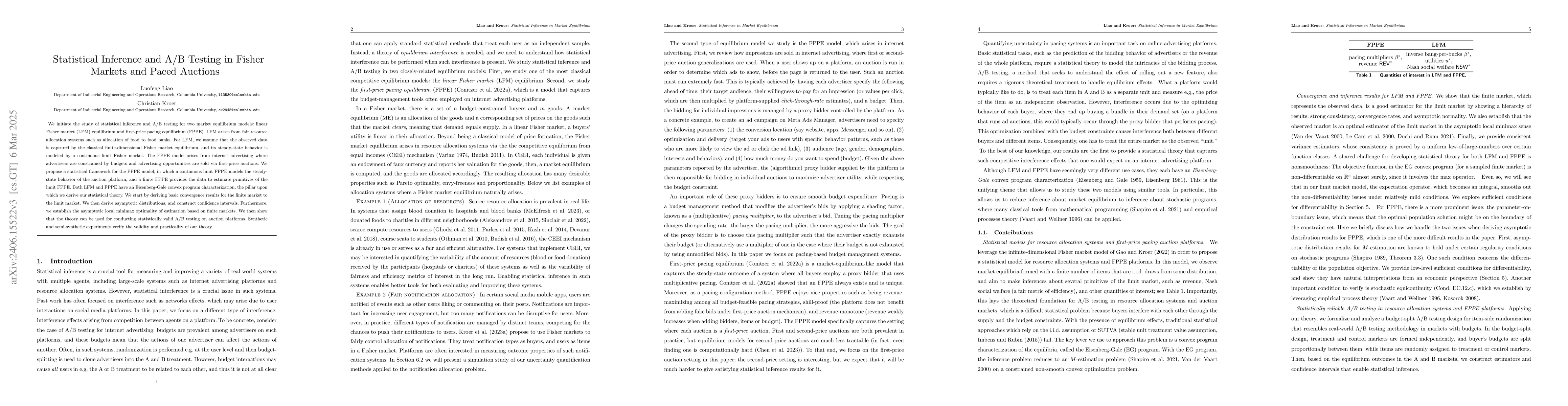 Thumbnail for Statistical Inference and A/B Testing in Fisher Markets and Paced
  Auctions