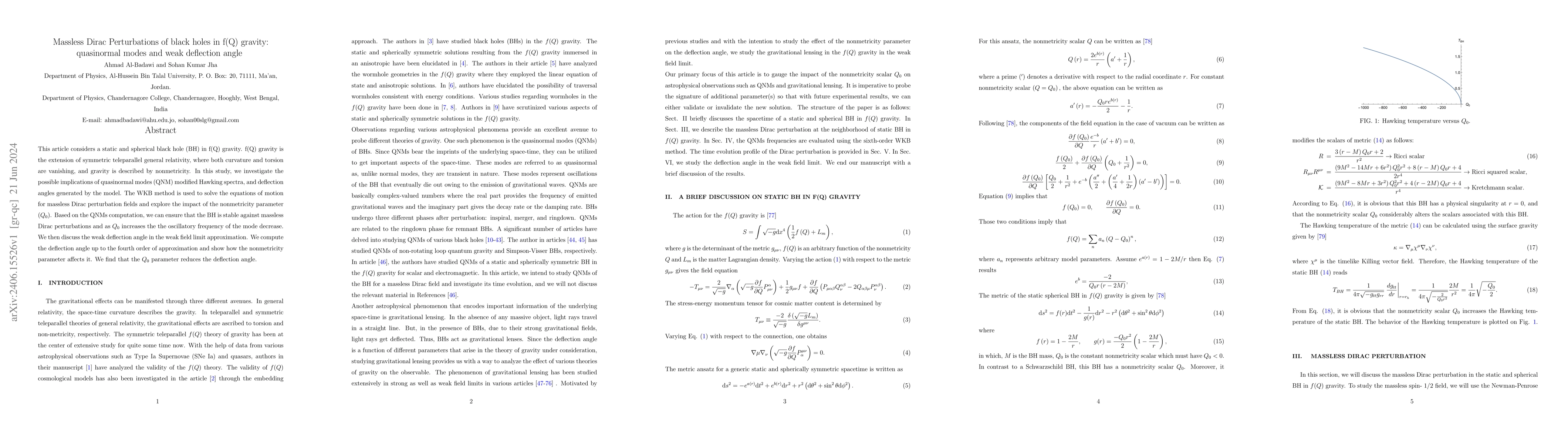 Thumbnail for Massless Dirac Perturbations of black holes in f(Q) gravity: quasinormal
  modes and weak deflection angle
