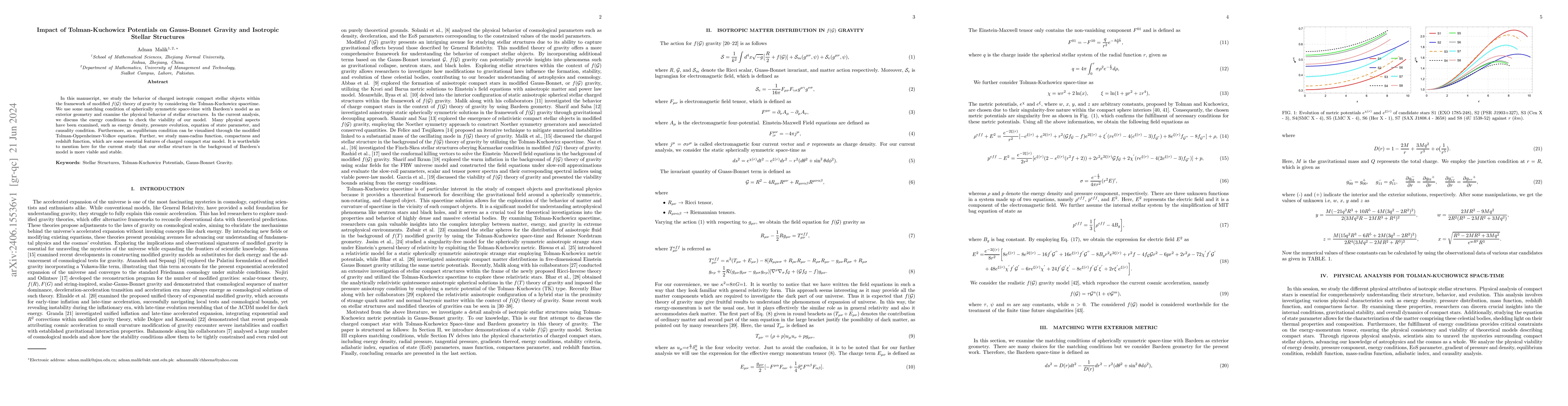 Thumbnail for Impact of Tolman-Kuchowicz Potentials on Gauss-Bonnet Gravity and
  Isotropic Stellar Structures