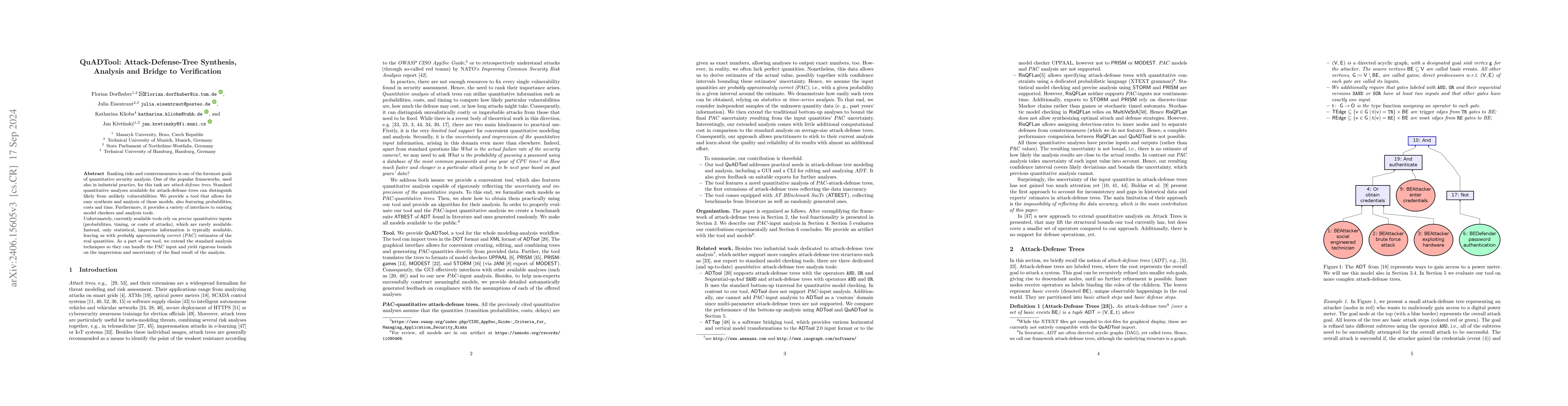 Thumbnail for QuADTool: Attack-Defense-Tree Synthesis, Analysis and Bridge to
  Verification