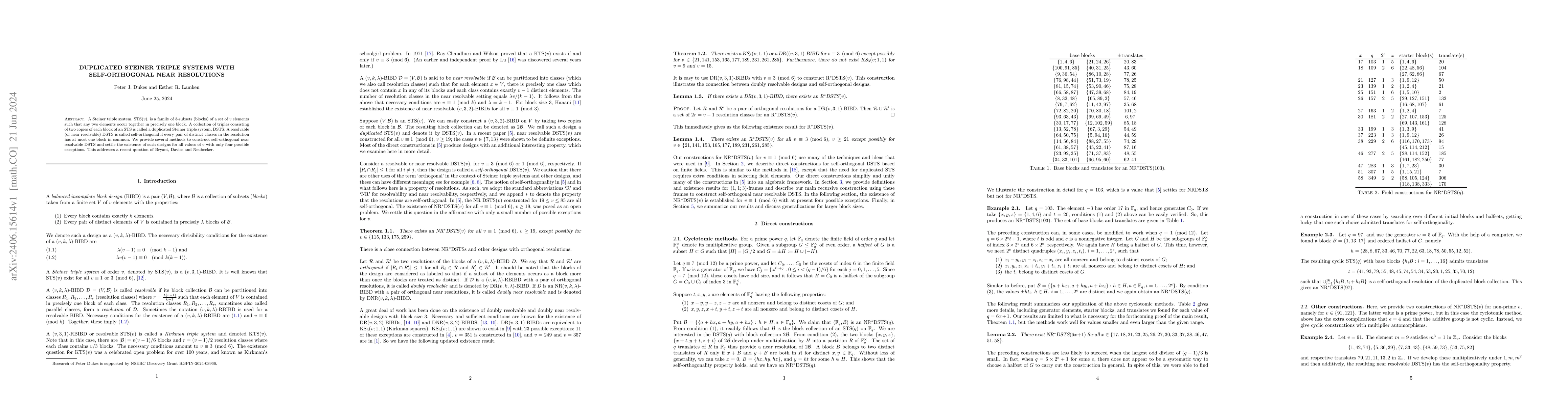 Thumbnail for Duplicated Steiner triple systems with self-orthogonal near resolutions