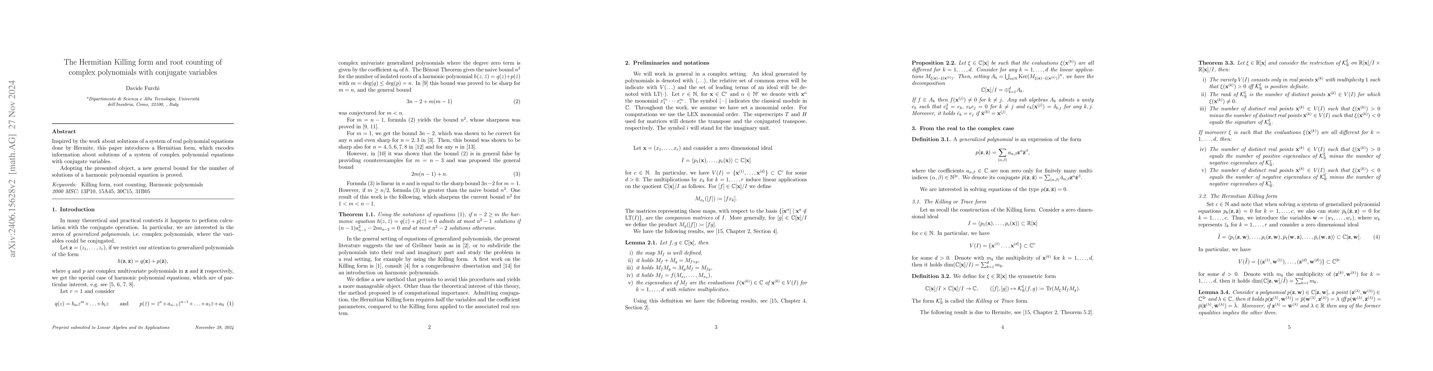 Thumbnail for The Hermitian Killing form and root counting of complex polynomials with
  conjugate variables