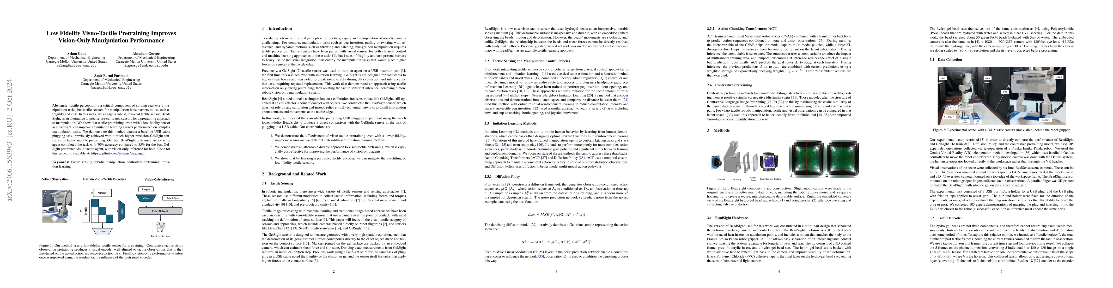 Thumbnail for Low Fidelity Visuo-Tactile Pretraining Improves Vision-Only Manipulation
  Performance