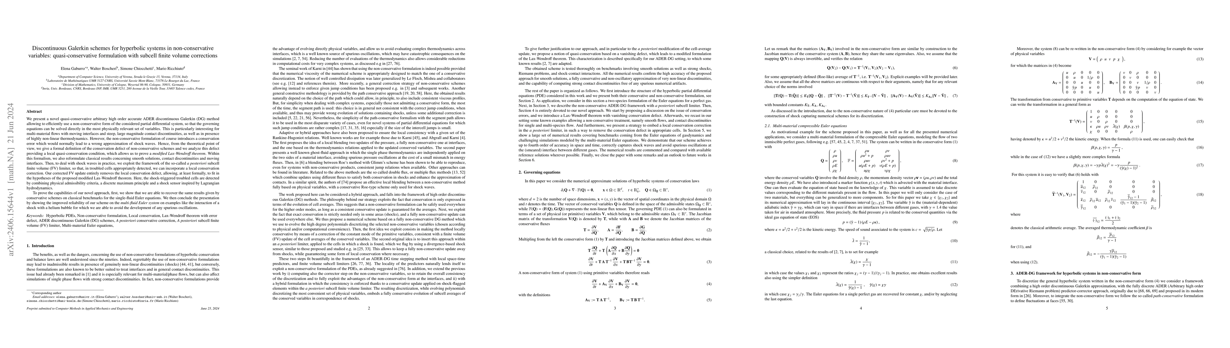 Thumbnail for Discontinuous Galerkin schemes for hyperbolic systems in
  non-conservative variables: quasi-conservative formulation with subcell
  finite volume corrections