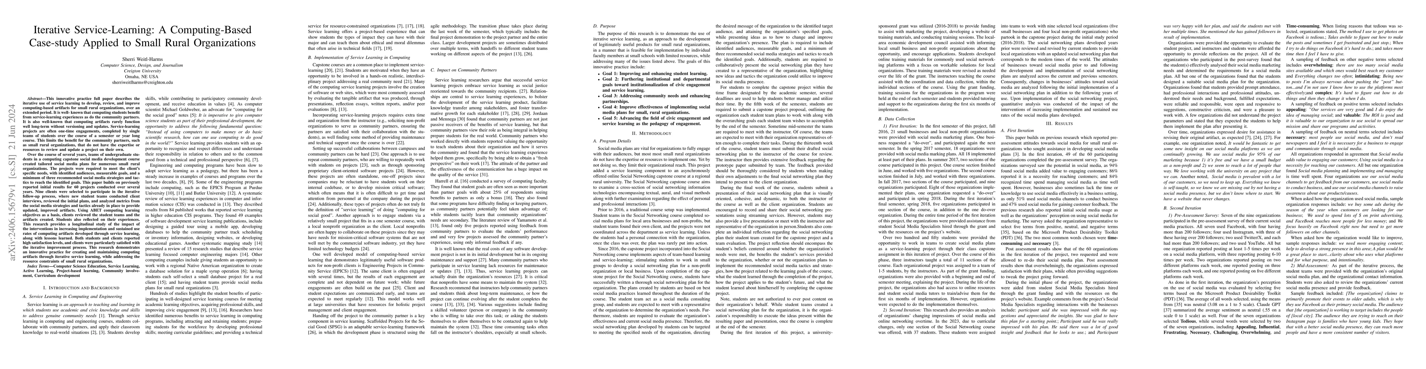 Thumbnail for Iterative Service-Learning: A Computing-Based Case-study Applied to
  Small Rural Organizations