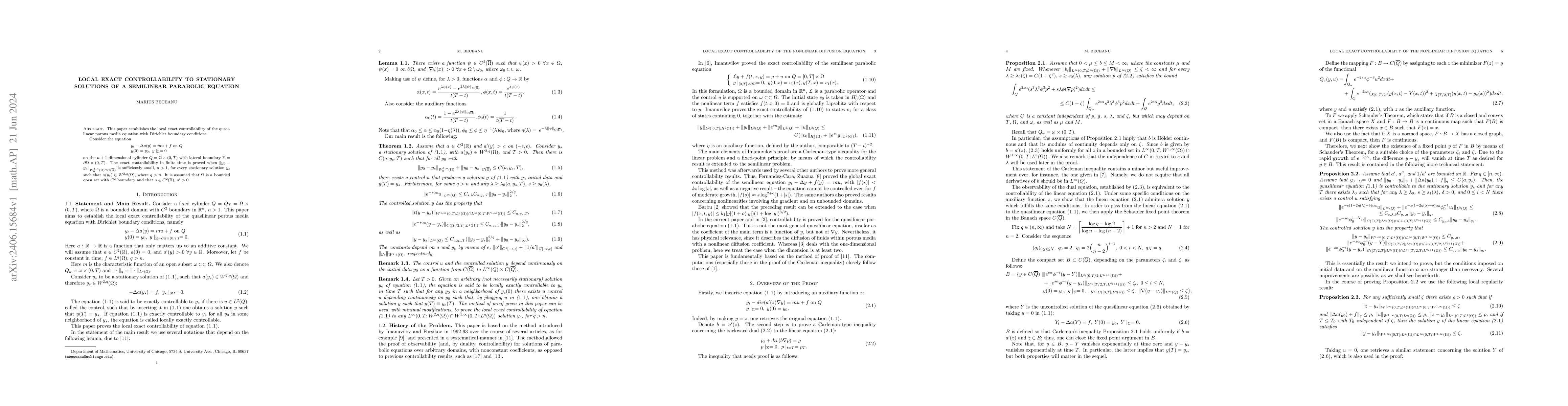 Thumbnail for Local Exact Controllability to Stationary Solutions of a Semilinear
  Parabolic Equation