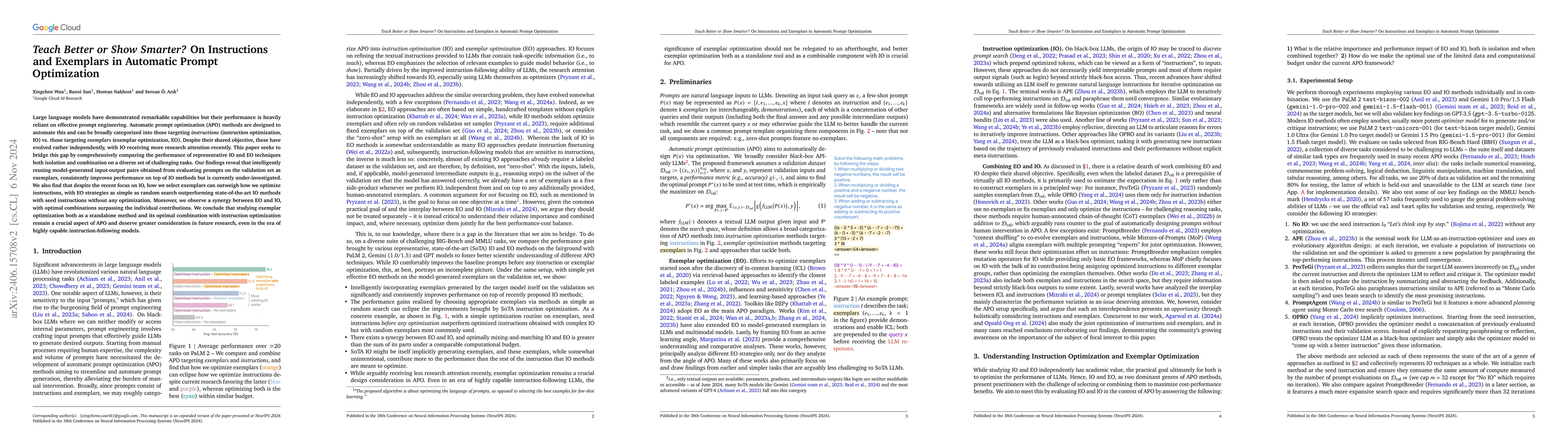 Thumbnail for Teach Better or Show Smarter? On Instructions and Exemplars in Automatic
  Prompt Optimization