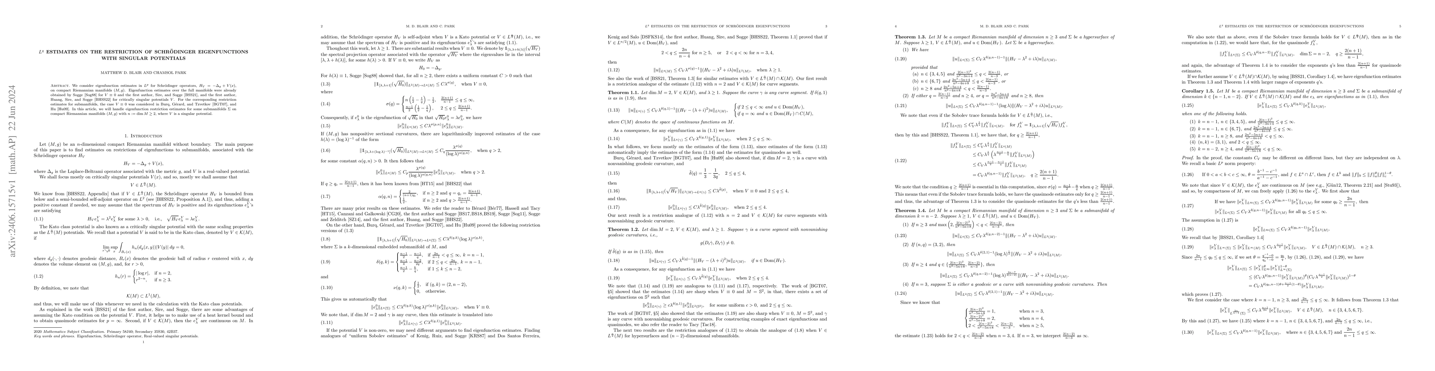 Thumbnail for $L^q$ Estimates on the Restriction of Schr\"odinger Eigenfunctions with
  singular potentials