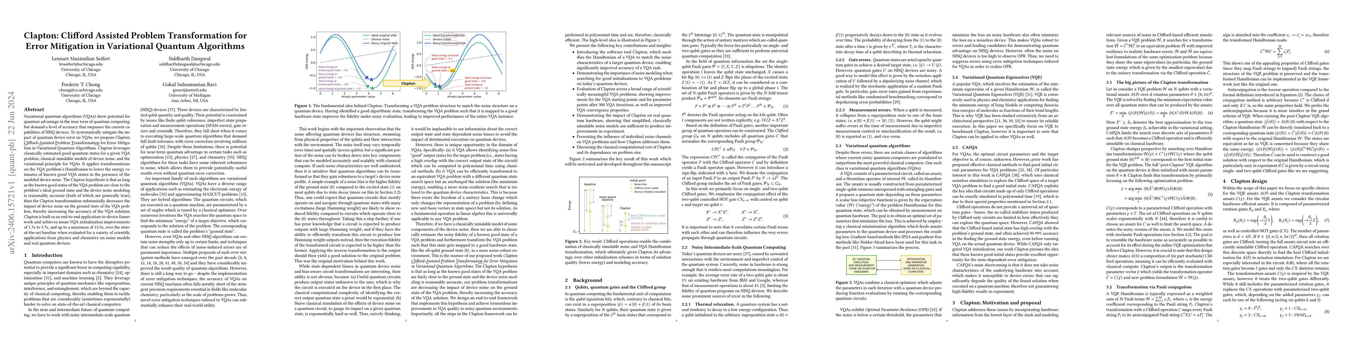 Thumbnail for Clapton: Clifford-Assisted Problem Transformation for Error Mitigation
  in Variational Quantum Algorithms