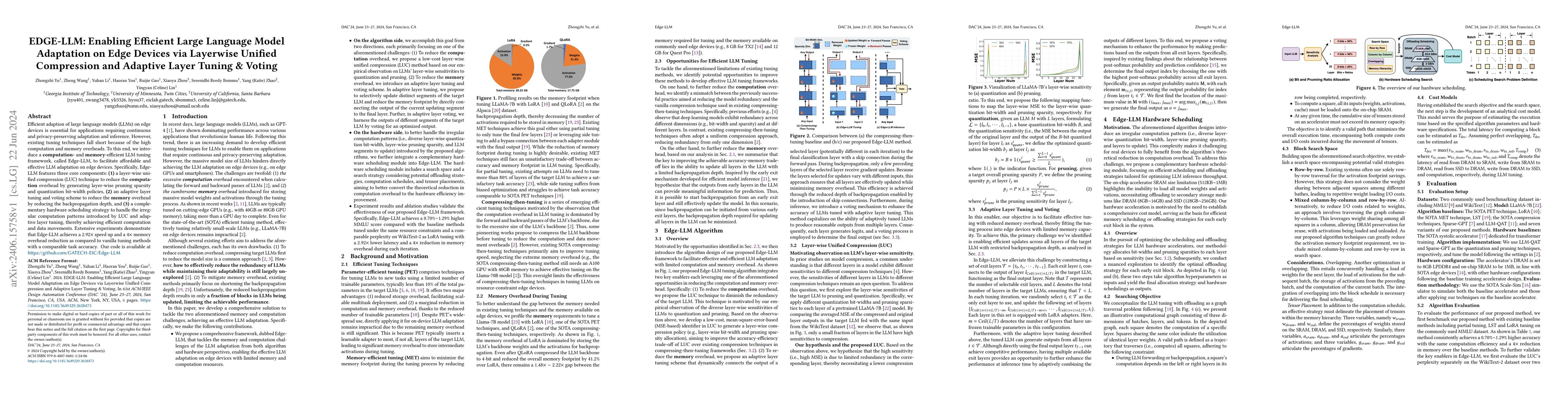 Thumbnail for EDGE-LLM: Enabling Efficient Large Language Model Adaptation on Edge
  Devices via Layerwise Unified Compression and Adaptive Layer Tuning and
  Voting