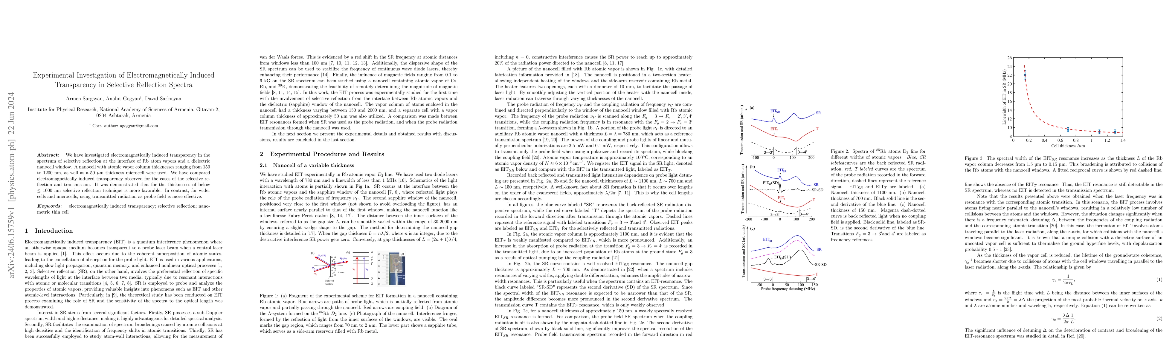 Thumbnail for Experimental Investigation of Electromagnetically Induced Transparency
  in Selective Reflection Spectra