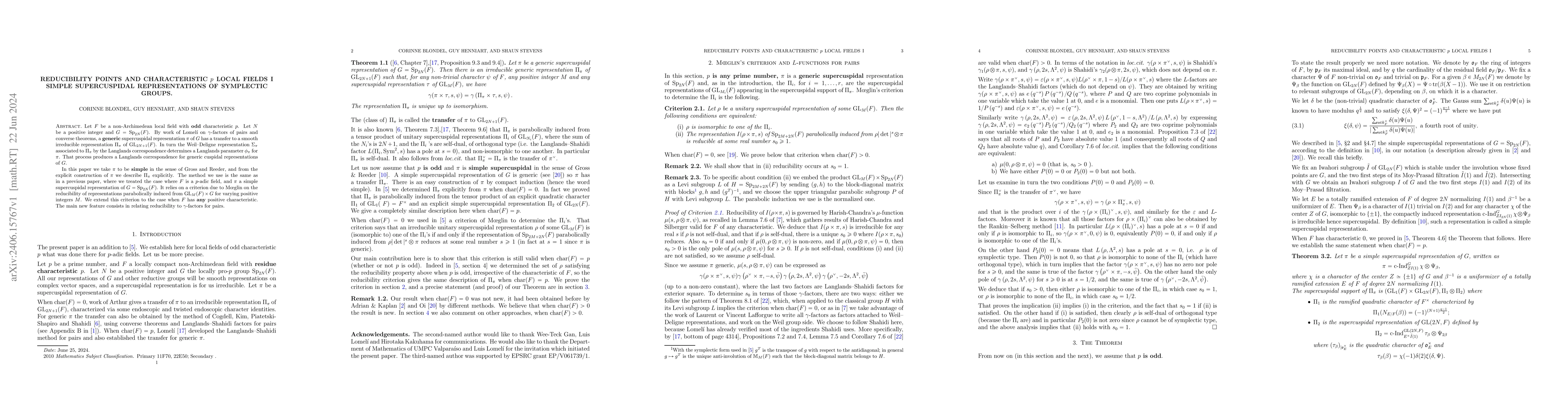 Thumbnail for Reducibility points and characteristic $p$ local fields I- Simple
  supercuspidal representations of symplectic groups