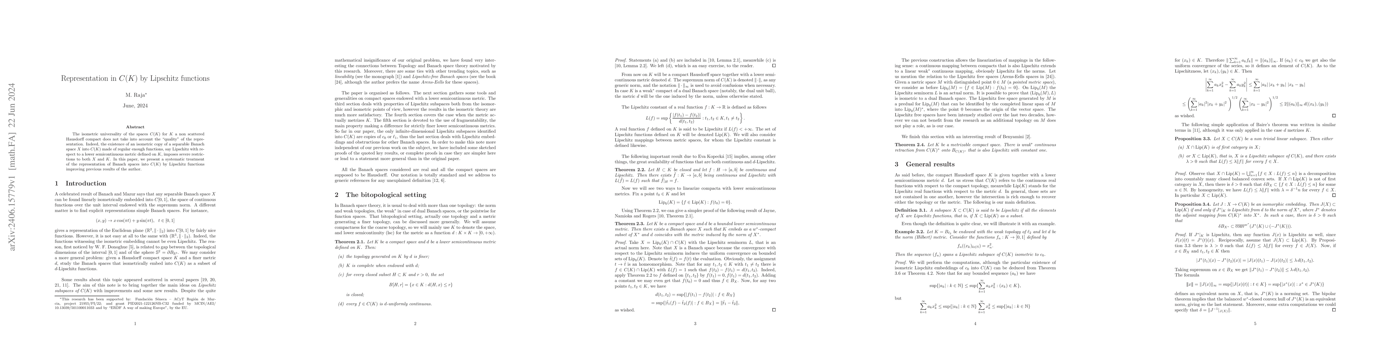 Thumbnail for Representation in $C(K)$ by Lipschitz functions