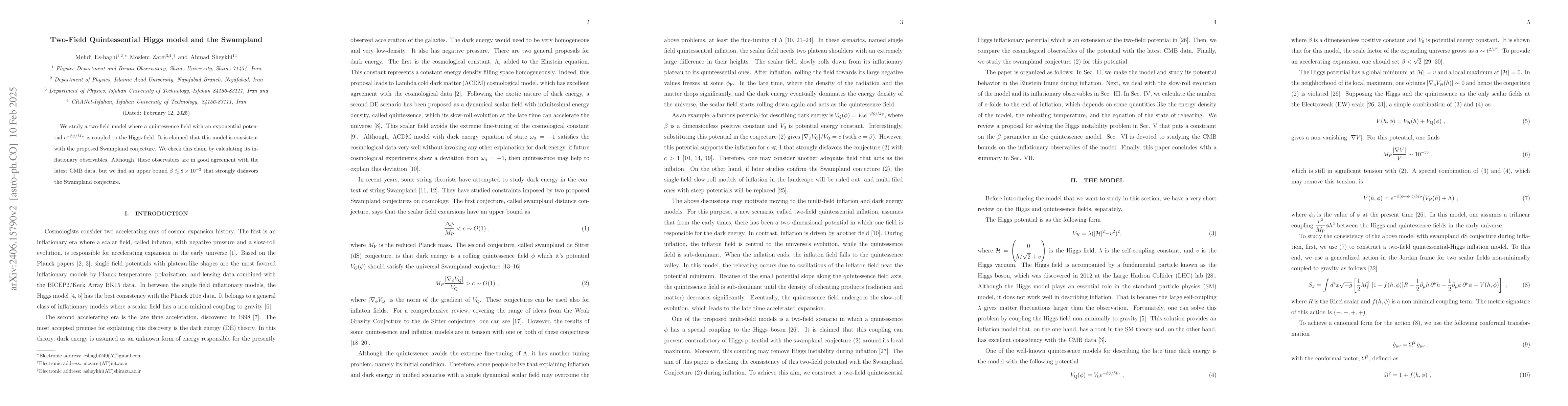Thumbnail for Two-Field Quintessential Higgs model and the Swampland