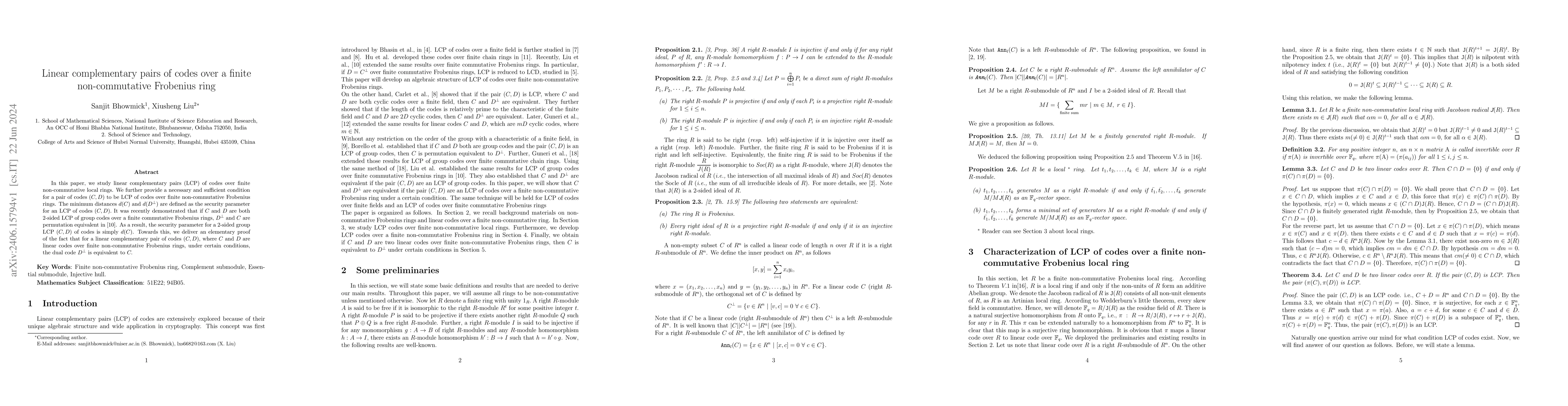 Thumbnail for Linear complementary pairs of codes over a finite non-commutative
  Frobenius ring