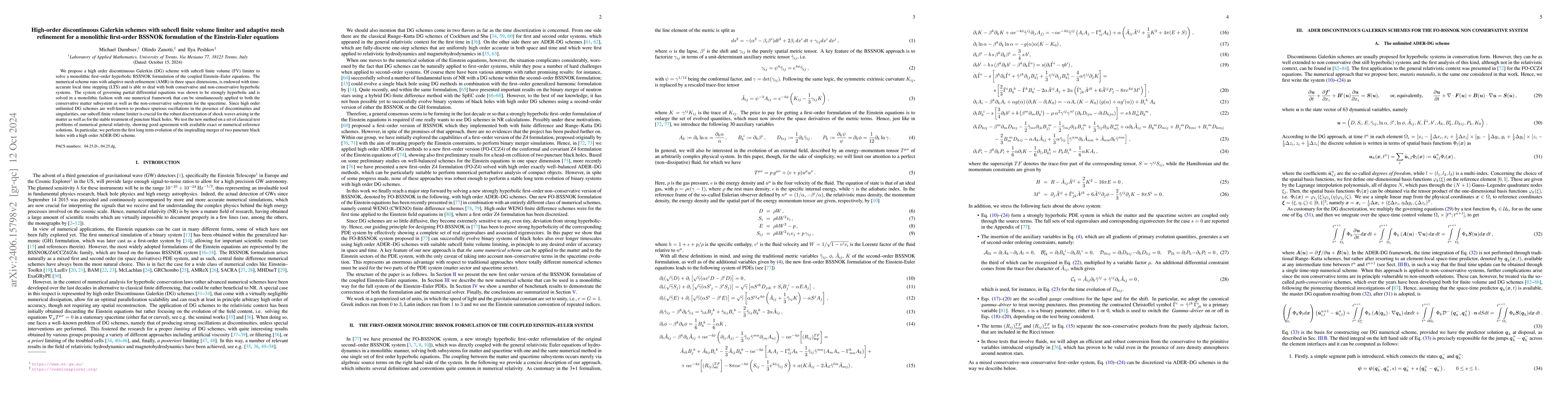 Thumbnail for High order discontinuous Galerkin schemes with subcell finite volume
  limiter and AMR for a monolithic first--order BSSNOK formulation of the
  Einstein--Euler equations