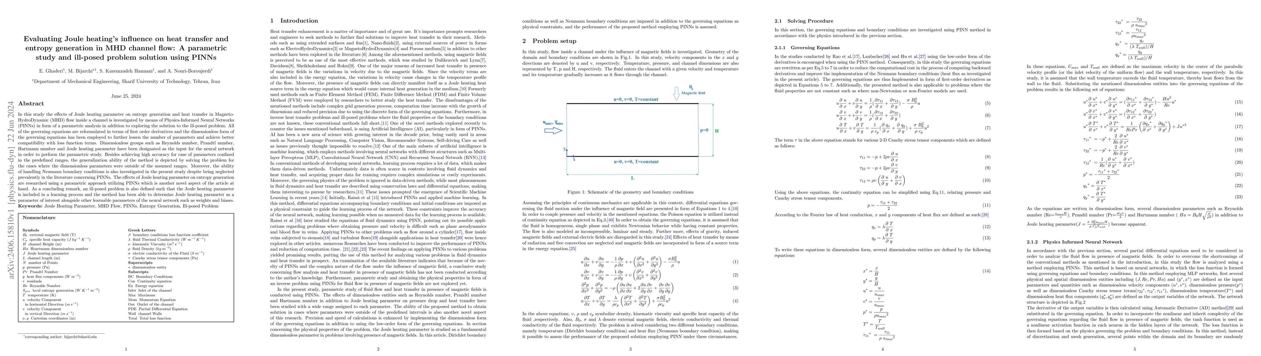 Thumbnail for Evaluating Joule heating influence on heat transfer and entropy
  generation in MHD channel flow: A parametric study and ill-posed problem
  solution using PINNs