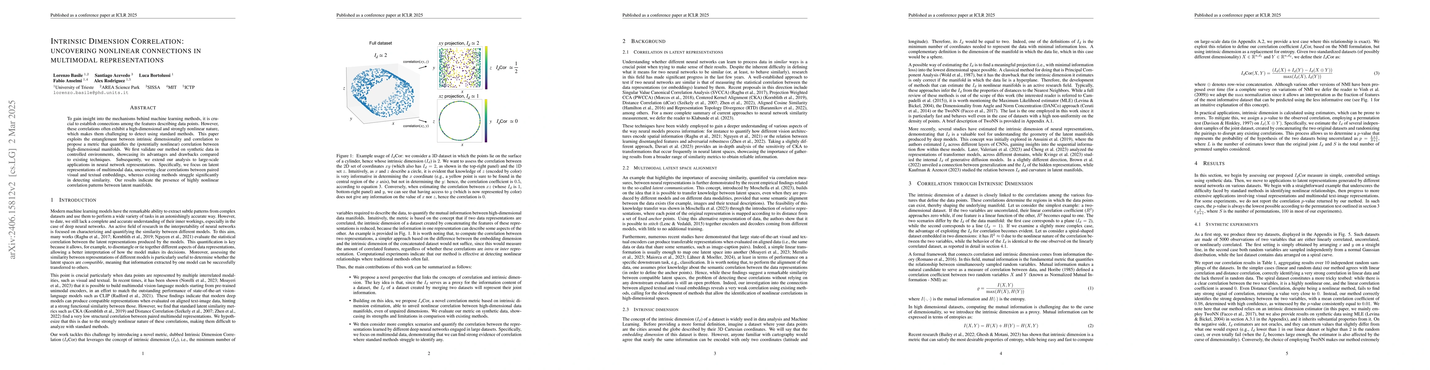 Thumbnail for Intrinsic Dimension Correlation: uncovering nonlinear connections in
  multimodal representations