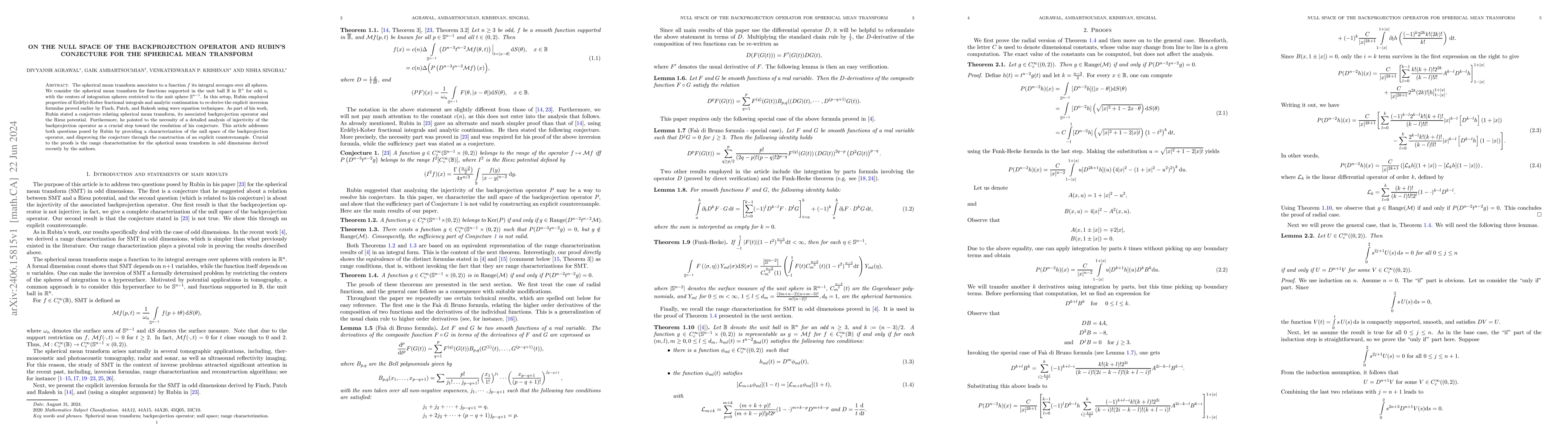 Thumbnail for On the null space of the backprojection operator and Rubin's conjecture
  for the spherical mean transform