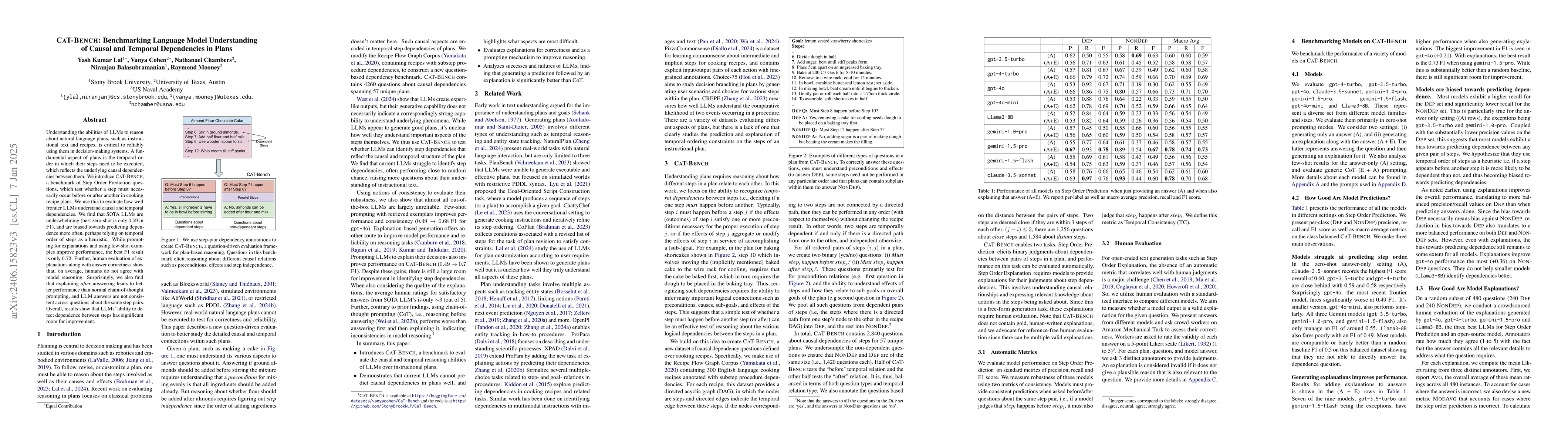 Thumbnail for CaT-BENCH: Benchmarking Language Model Understanding of Causal and
  Temporal Dependencies in Plans