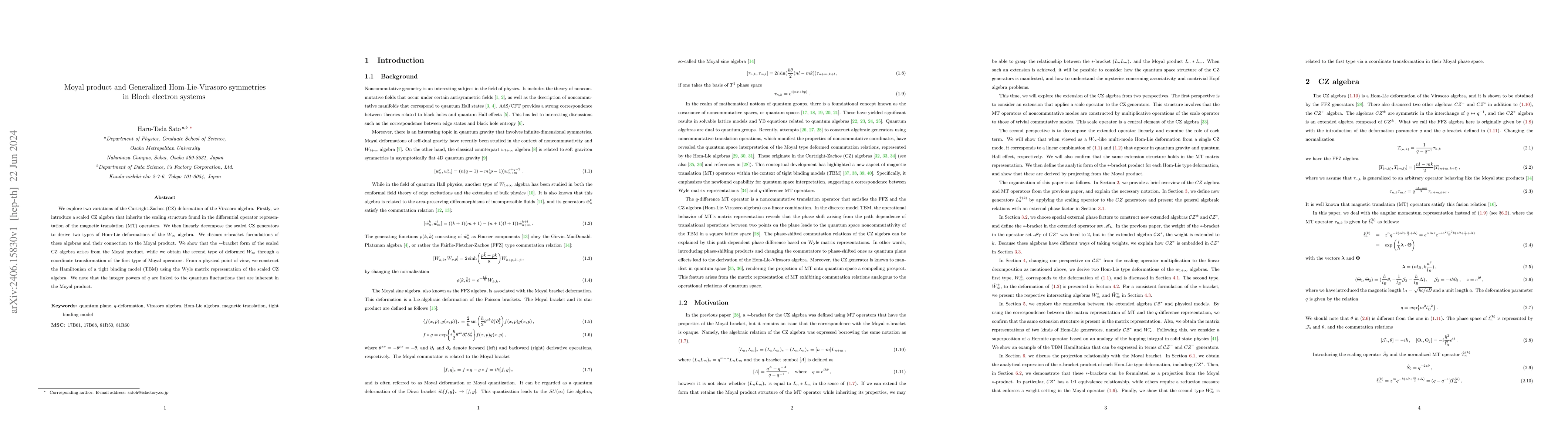 Thumbnail for Moyal product and Generalized Hom-Lie-Virasoro symmetries in Bloch
  electron systems
