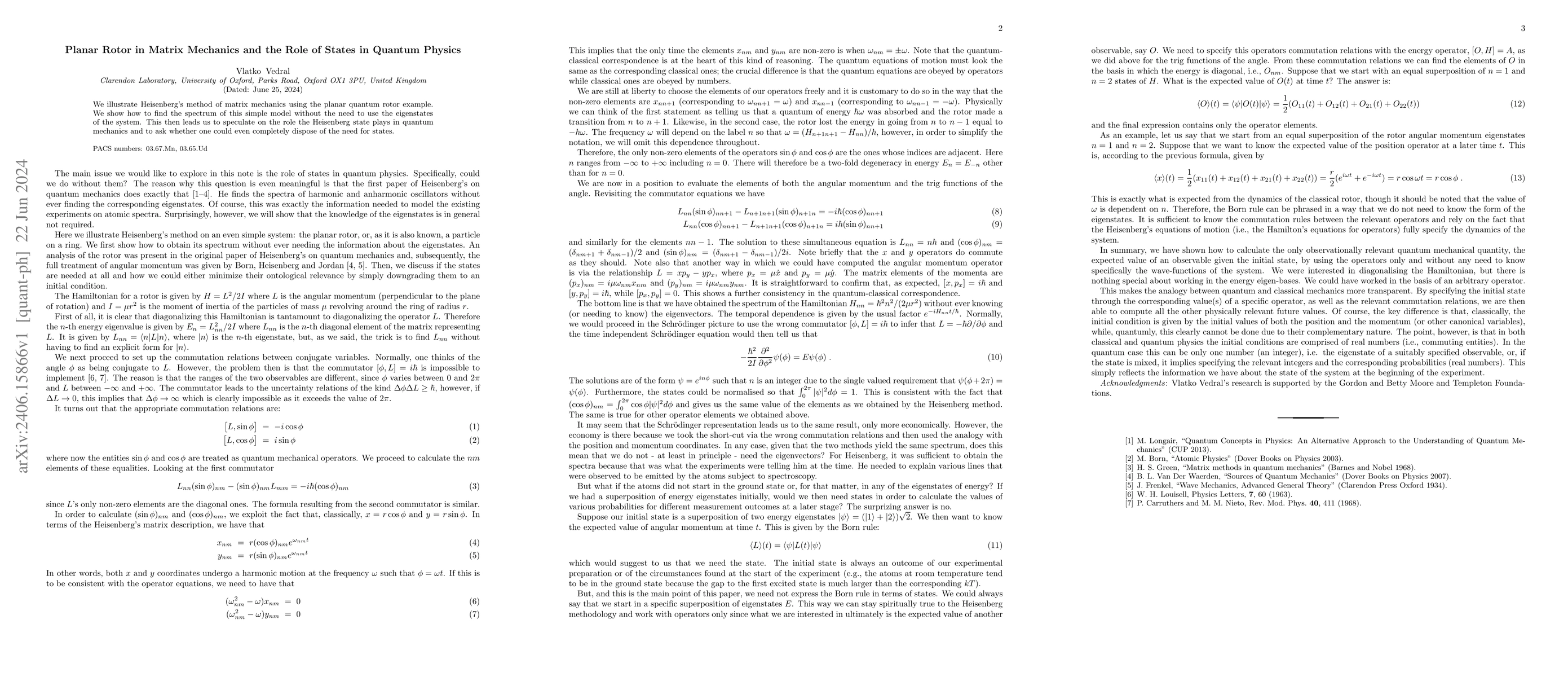 Thumbnail for Planar Rotor in Matrix Mechanics and the Role of States in Quantum
  Physics