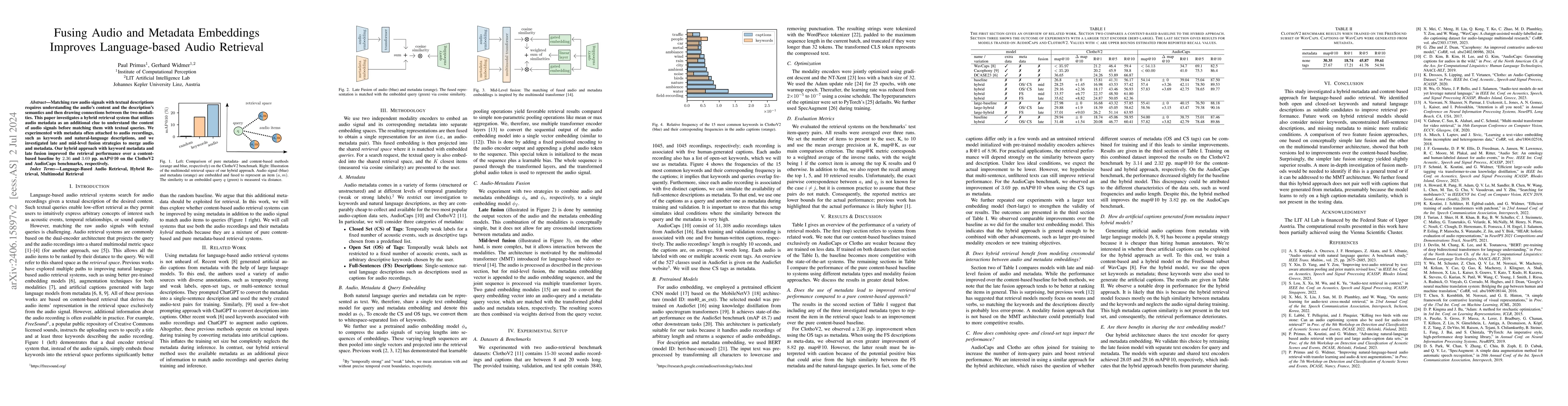 Thumbnail for Fusing Audio and Metadata Embeddings Improves Language-based Audio
  Retrieval