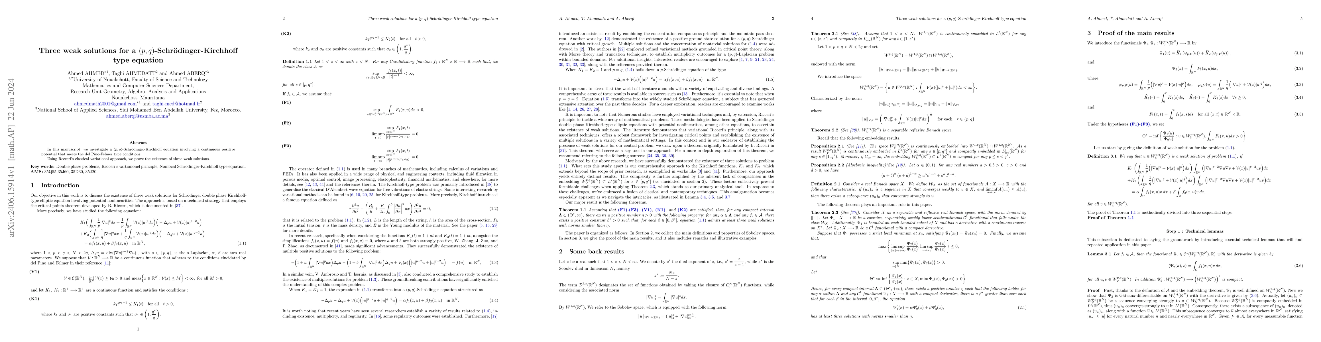 Thumbnail for Three weak solutions for a $(p, q)$-Schr\"{o}dinger-Kirchhoff type
  equation