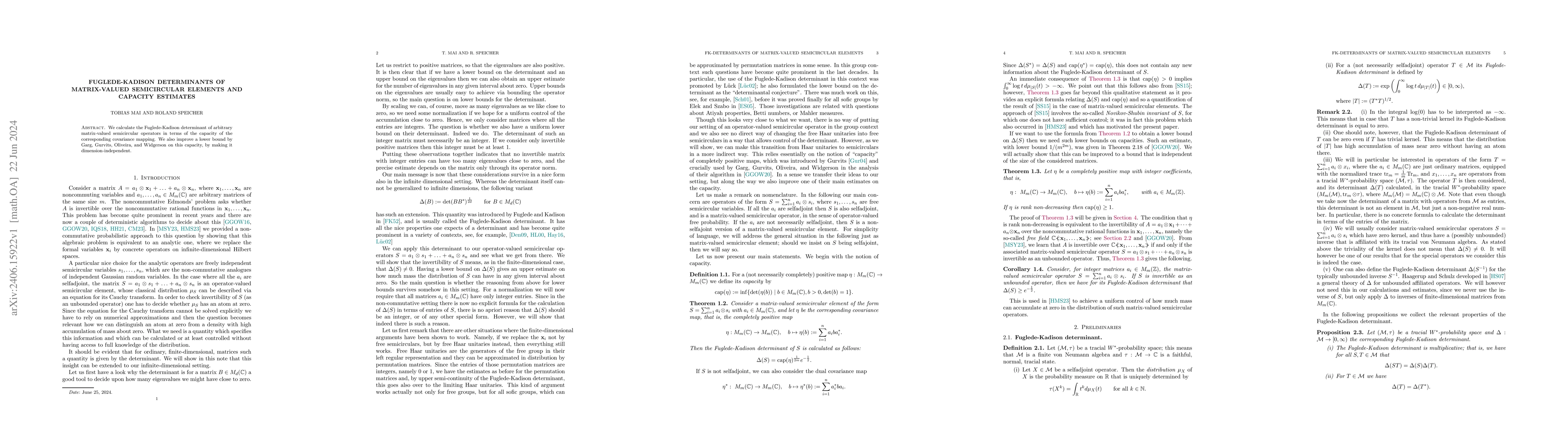 Thumbnail for Fuglede-Kadison determinants of matrix-valued semicircular elements and
  capacity estimates