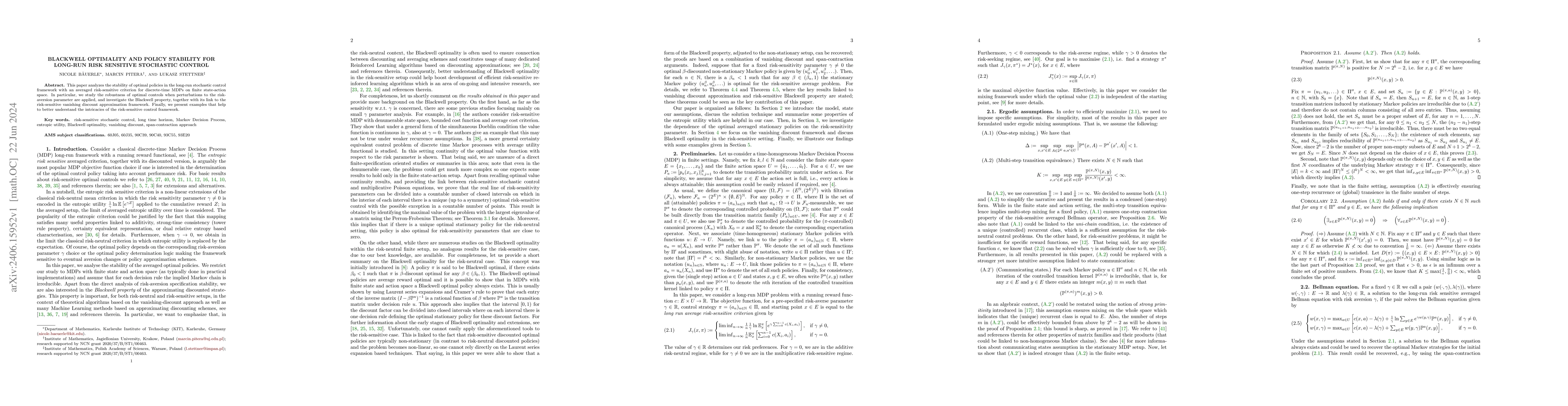 Thumbnail for Blackwell optimality and policy stability for long-run risk sensitive
  stochastic control