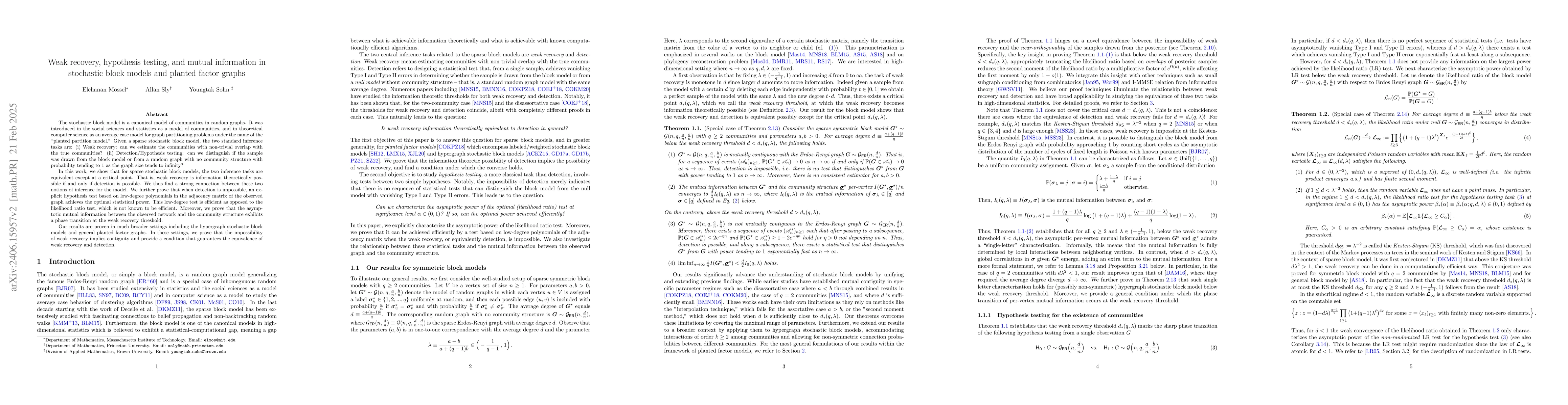 Thumbnail for Weak recovery, hypothesis testing, and mutual information in stochastic
  block models and planted factor graphs
