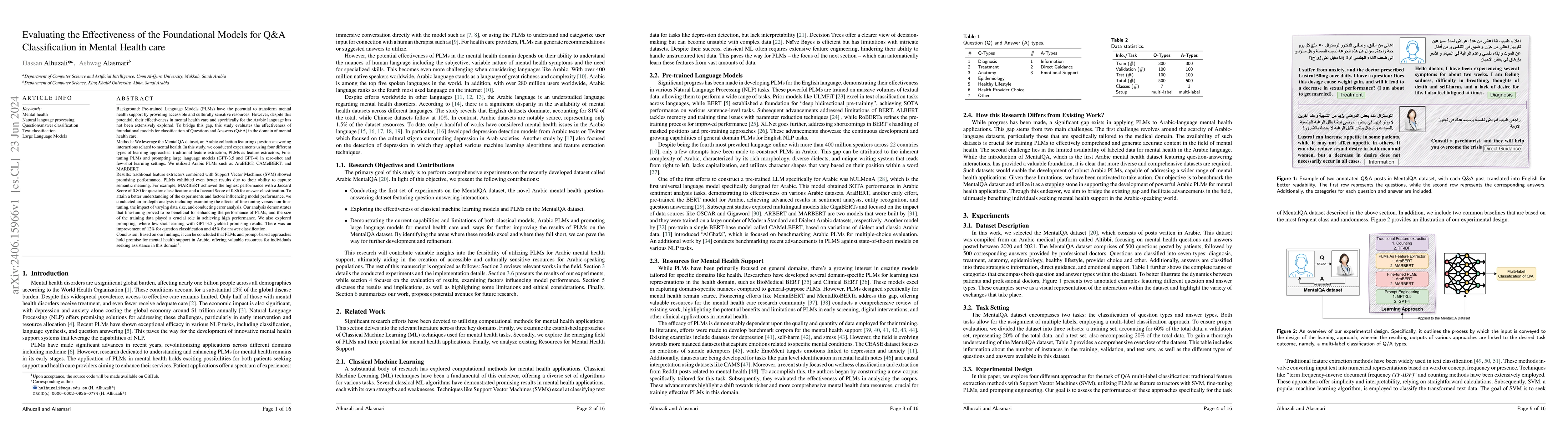 Thumbnail for Evaluating the Effectiveness of the Foundational Models for Q&A
  Classification in Mental Health care