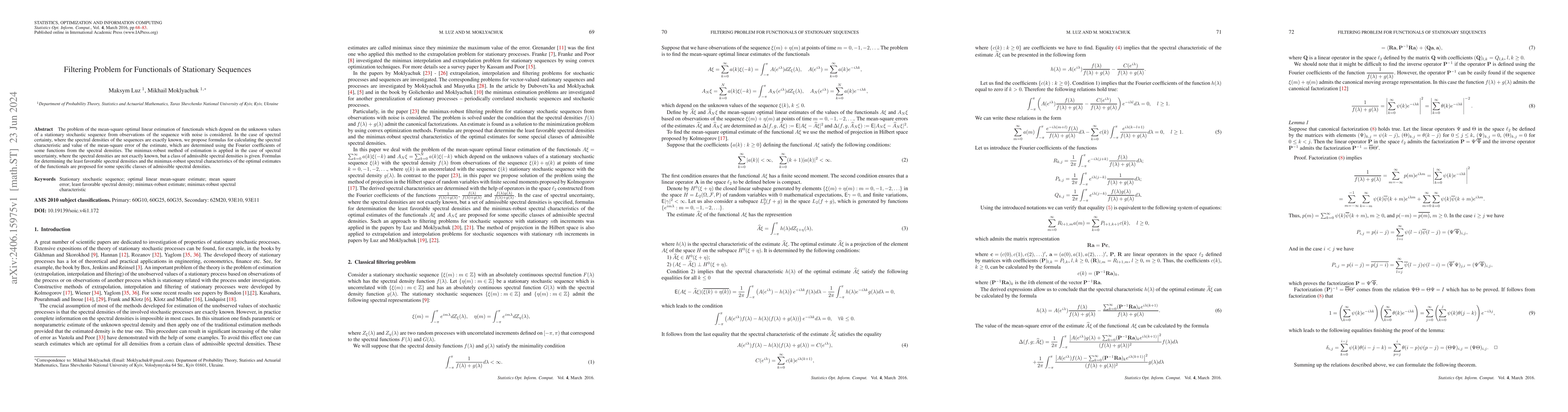 Thumbnail for Filtering Problem for Functionals of Stationary Sequences