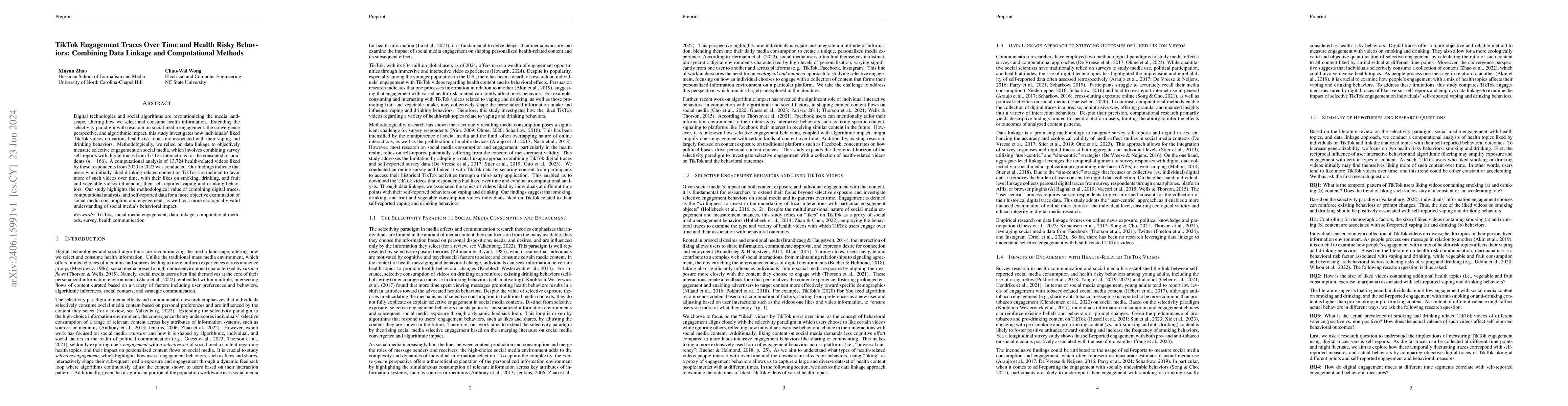 Thumbnail for TikTok Engagement Traces Over Time and Health Risky Behaviors: Combining
  Data Linkage and Computational Methods