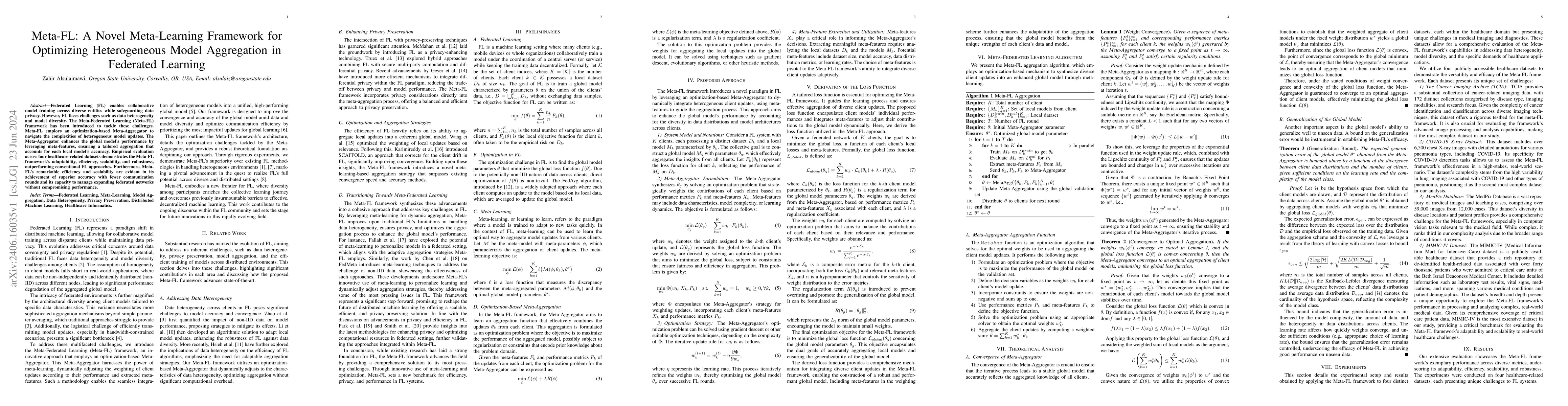 Thumbnail for Meta-FL: A Novel Meta-Learning Framework for Optimizing Heterogeneous
  Model Aggregation in Federated Learning