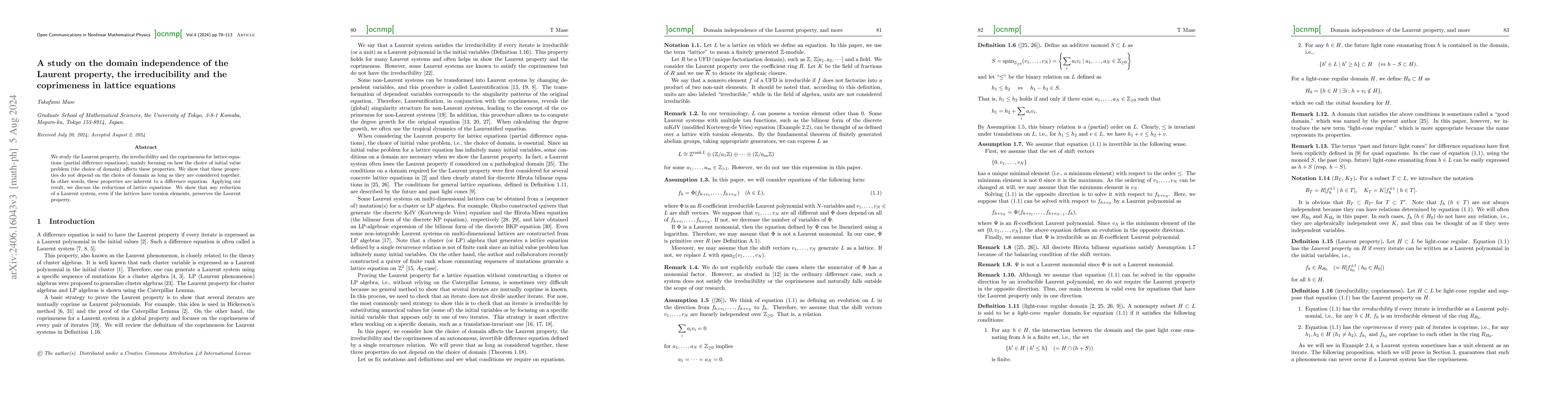 Thumbnail for A study on the domain independence of the Laurent property, the
  irreducibility and the coprimeness in lattice equations