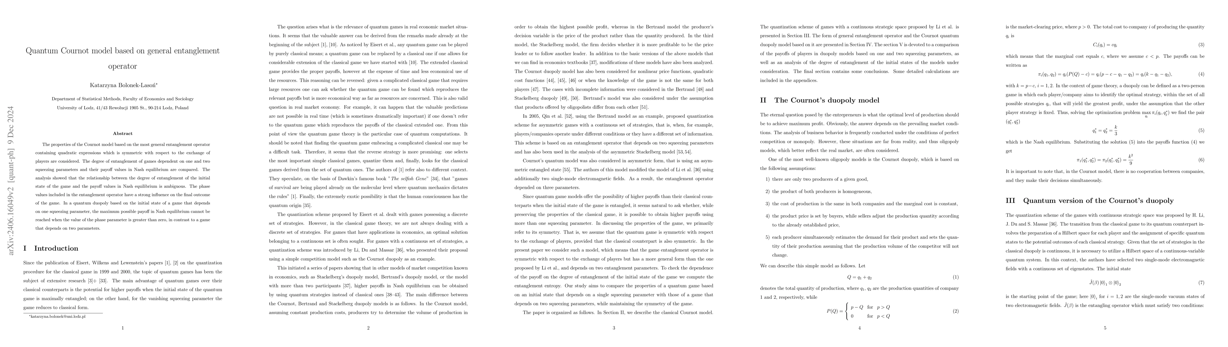 Thumbnail for Quantum Cournot model based on general entanglement operator
