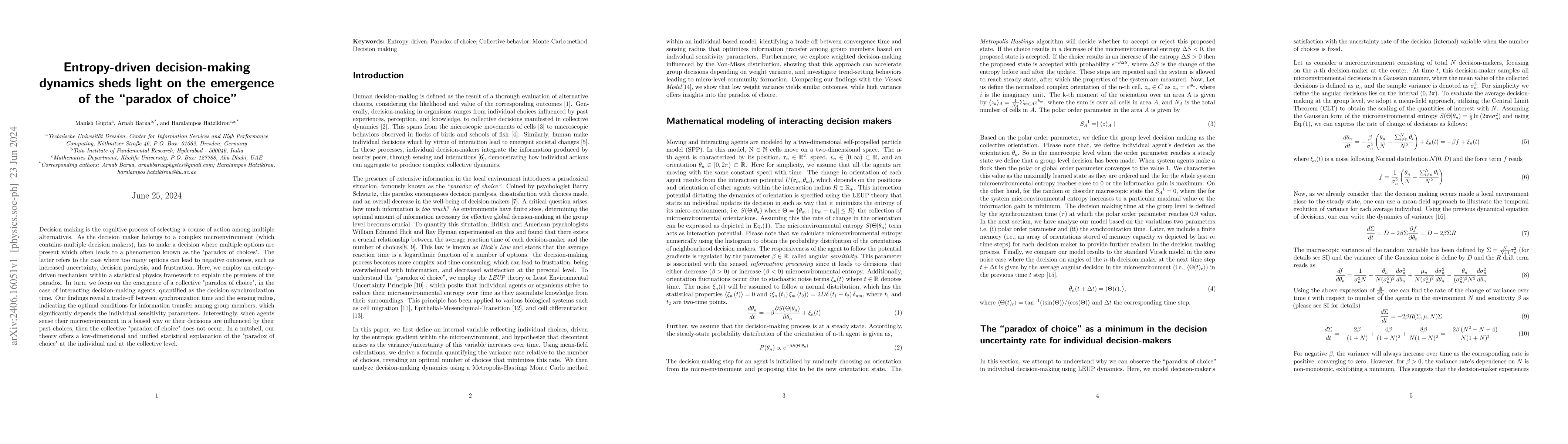 Thumbnail for Entropy-driven decision-making dynamics sheds light on the emergence of
  the "paradox of choice"